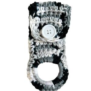 HAND CRAFTED Colorful Crocheted Black & Gray Reusable Button Towel Holder Hanger